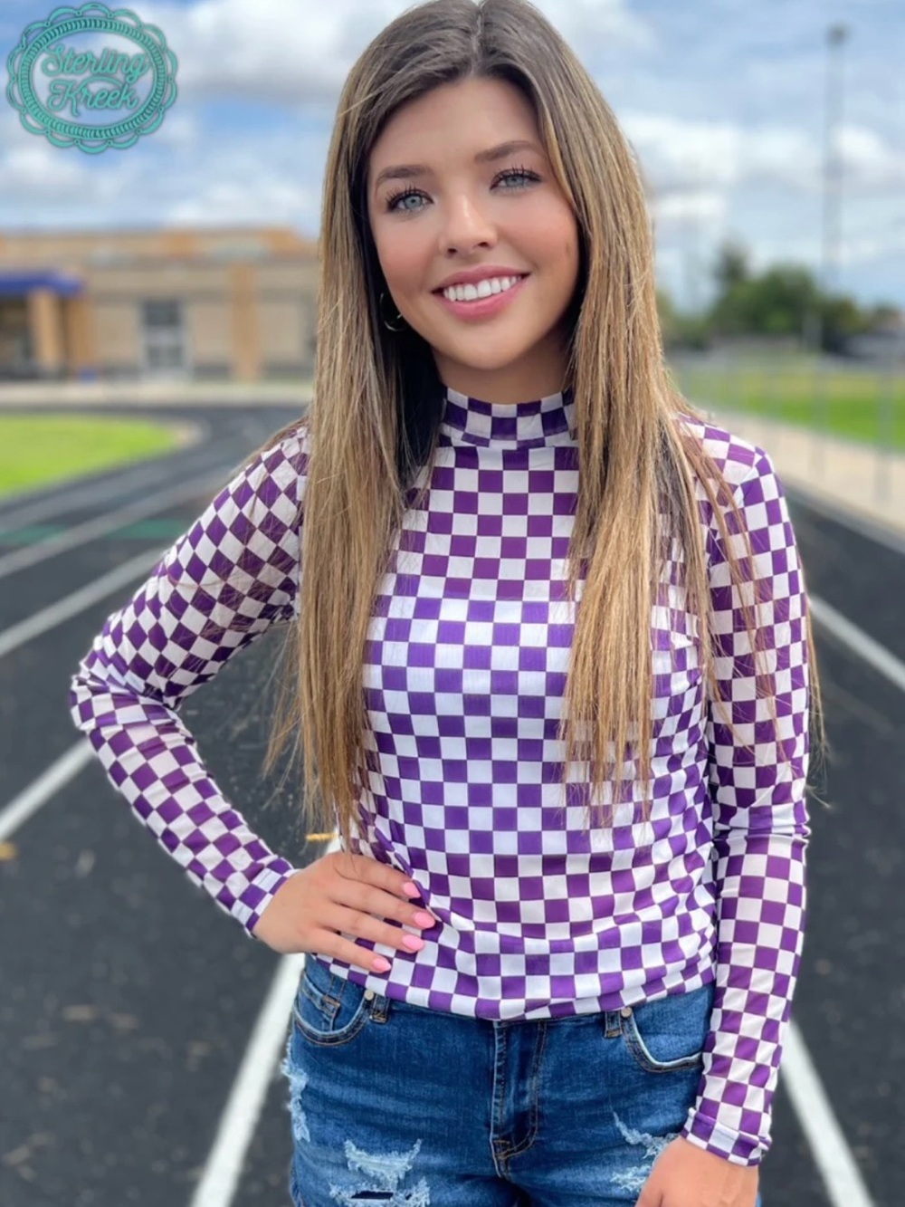 Women's Purple Checkerboard Mock Neck Long Sleeve Mesh Top. Multiples S-3X